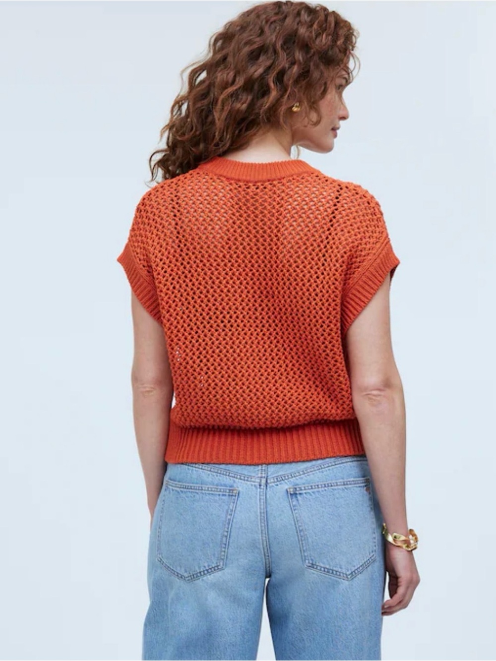 Open-Knit Short Sleeve Sweater Vest in Rust